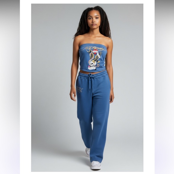 Ed Hardy NY Pale Blue Tube Top & Flared Pants Set NWT